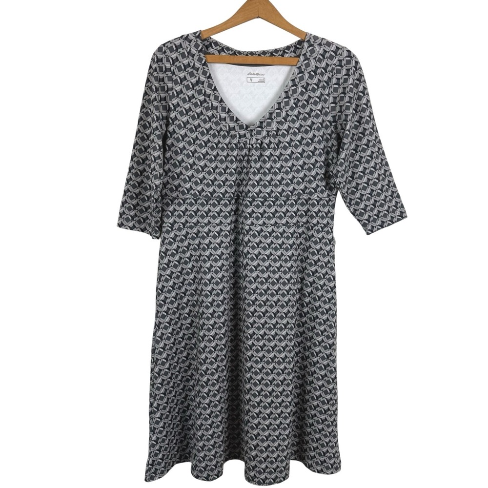 Eddie Bauer Women Dress Size Large Gray Geometric Stretch Preppy Travel Vacation